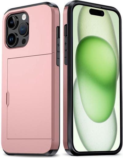 Hoes Geschikt voor iPhone 15 Pro Hoesje Hard Case Met Pas Houder - Hoesje Geschikt voor iPhone 15 Pro Hoes Shockproof Hard Cover Met Kaarthouder - Rosé goud