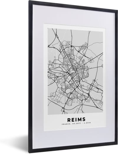 Fotolijst incl. Poster - Frankrijk - Reims - Stadskaart - Plattegrond - Kaart - 40x60 cm - Posterlijst