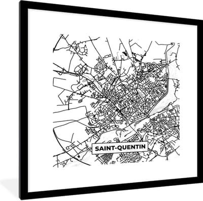Fotolijst incl. Poster Zwart Wit- Kaart - Stadskaart - Saint-Quentin - Frankrijk - Plattegrond - Zwart wit - 40x40 cm - Posterlijst