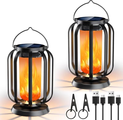 Thijox - Zonne-energie Vlammen Lantaarn voor Buiten - 2 Stuks Hangende Tuinlampen - IP65 Waterdicht - 3 Kleurtemperaturen - Decoratieve Lampion voor B