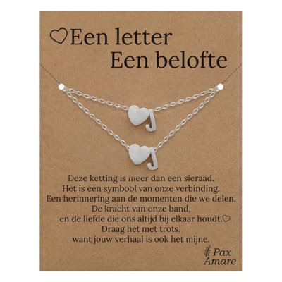 Letter J ketting + armband set op Cadeau Kaartje - Een letter, een belofte - Zilverkleurig Stainless Steel - Initiaal & Hartje Hanger - Pax Amare