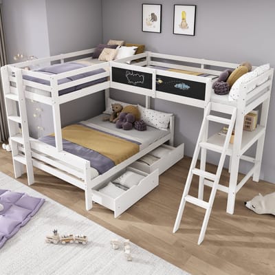HAUSS SPOLE Hoogslaper 140x200cm - Met 2x Onderbed 90x200cm Zonder Matras - Met Bureau En Opberglades - Massief Hout - Wit Eiken