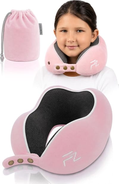 SnelShoppen - Kinderen Reis Kussen - Verstelbaar Geheugen Foam Slaap Kussen voor Auto - Zacht, Ademend & Wasbaar Hoes - Inclusief Tas - Roze, Maat M (