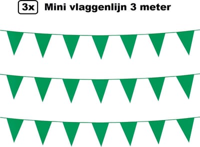 3x Mini vlaggenlijn groen 3 meter - 10x 15cm - Huwelijk thema feest festival vlaglijn party