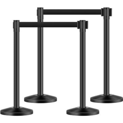 VEVOR Crowd Control Barrier-palen (4-pack) met 4 intrekbare banden, koolstofstalen crowd control-palen met holle basis voor bruiloften, tentoonstellingen, zwart