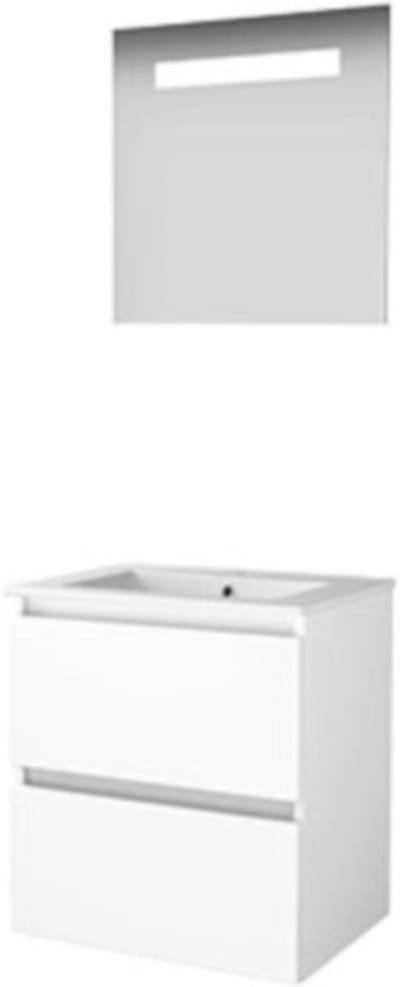 Basic-Line Economic 46 Badkamermeubelset - 60 x 46 cm - Greeploos - 2 Lades - Keramische Wastafel - 1 Kraangat - Spiegel met LED Verlichting - Ice White