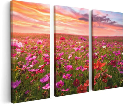 Artaza Canvas Schilderij Drieluik Kleurrijke Kosmos Bloemenveld - 120x80 - Foto Op Canvas - Canvas Print