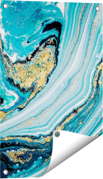 Gards Tuinposter Abstracte Luxe Kunst in het Blauw met Goud - 40x60 cm - Tuindoek - Tuindecoratie - Wanddecoratie buiten - Tuinschilderij