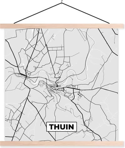 Posterhanger incl. Poster 40x40 cm - Schoolplaat - Stadskaart – Plattegrond – België – Zwart Wit – Thuin – Kaart - Textielposter - Blanke latten - Stadskaart