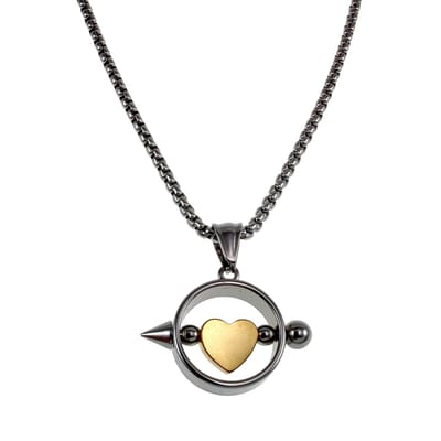 55cm x 2mm Jasseron-Ketting + Bicolor Hanger Unisex - RVS Ketting met Ronde Hanger met Goudkleurige Hart - Handgemaakt