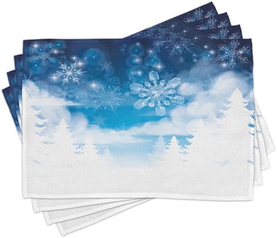 ABAKUHAUS Winter-placemats, kerstbomen versierd met sneeuwvlokken en een stervormige nieuwjaarsgrafiek, tafeldecoratie van kleurvast stof voor eetkamer en keuken, Wit-Blauw