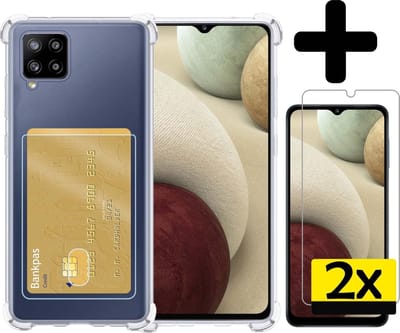 Hoesje - Geschikt voor Samsung Galaxy A12 - Met 2x Screenprotector - Pashouder - Kaarthouder - Telefoon Hoes Shockproof - Siliconen Case - Back Cover - Shock Proof - Pasjes Houder - Telefoonhoesjes - Transparant