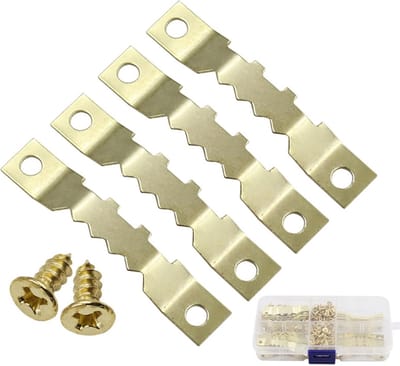 Ophanghaakjes - 100 stuks - Foto opknoping kit - Zaagtandhangers - ijzer - goud - 44*8 mm - met schroeven - voor lijst/foto/canvas/schilderij/klok