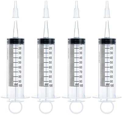 TOVBMUP 4 Stuks Spuit 100ml - Kunststof Voedingsspuit zonder Naald - Duidelijke Maataanduiding en Gemakkelijk Indrukbaar Zuiger - Geschikt voor Kleine Dieren en Laboratoriumgebruik - 17,3cm Lengte - Inclusief Beschermkappen - 4 x 100ml