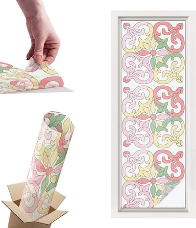 Tulup Raamfolie Anti inkijk - Bloemornamenten Privacy Folie Raam - 50x146 cm - Rood Anti inkijk Folie - Raamfolie Tegen inkijk Glas in Lood - Voor de slaapkamer, badkamer en woonkamer. - Raamfolie Zonwering