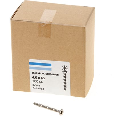 Hoenderdaal Spaanplaatschroef RVS platverzonken kop PZ2 voldraad 4.0X45 (per 200 stuks)