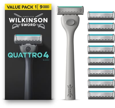 Wilkinson Sword Quattro Scheersysteem voor mannen, voordeelverpakking, 4 mesjes met diamantcoating, scheersysteem met 9 navulmesjes