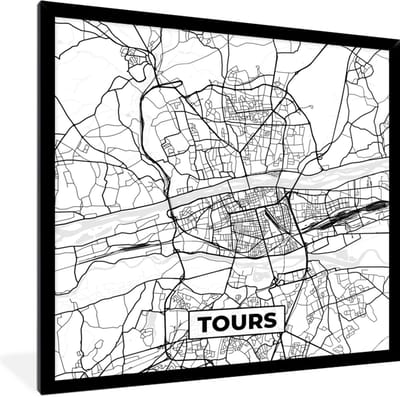 Fotolijst incl. Poster Zwart Wit- Frankrijk - Tours - Plattegrond - Stadskaart - Kaart - Zwart wit - 40x40 cm - Posterlijst