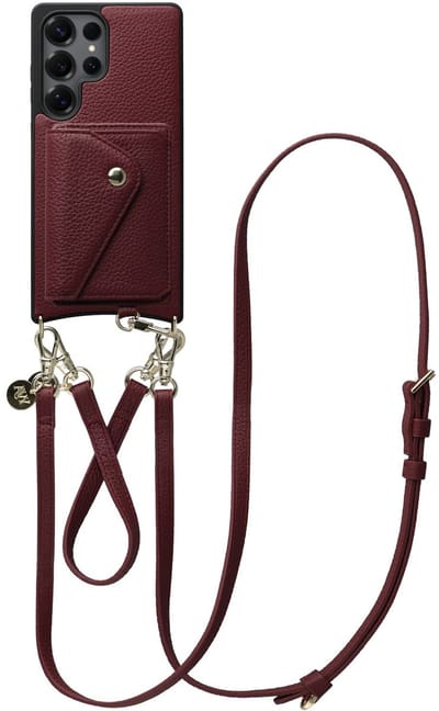 AVY Leren Hoesje geschikt voor Samsung Galaxy S25 Ultra | Met Koord en Magnetische Kaarthouder | Compatibel met MagSafe | Leather Case met 30CM & 130CM Koord & Wallet | Leather Set | Burgundy