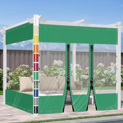 Transparante scheidingsgordijnen met ogen, PVC buitenplanken 0,5 mm helder zijdoek voor paviljoens, pergola, balkon, tuinen, voorgevel 2x6,4m (HxL) Groen met 2 ritsen