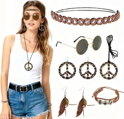 Hippie 70s Kostuum voor Dames met Accessoires voor Carnaval en Feestjes - Boho Kleding en Flower Power Outfit