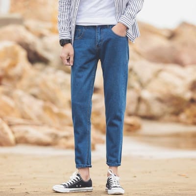 WTEMPO Été Jeans Droits Amples pour Hommes Fins Stretch Slim Décontractés Pantalons Simples Décontractés Respirants Pantalons Neuf Points 36 bleu foncé
