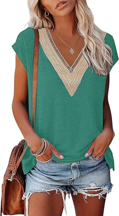 Dames T-shirt met Kanten V-hals - Zomer Top Korte Mouw Losse Pasvorm