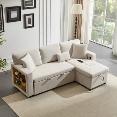 REDOM - Hoekslaapbank - Verwisselbare Chaise Longue - Met Opbergruimte En USB-Aansluiting - Modern - Fluwelen Bekleding - Beige