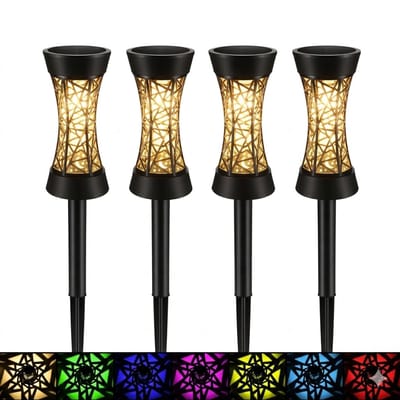 Solar Tuinlampen Set van 4 – Krachtige LED Buitenlampen met Warm Wit & RGB – Waterdicht IP65 – Automatische Sensor – Tuinpad & Sfeerverlichting