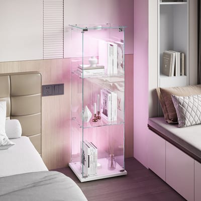 LED vitrinekast met slot, 1 deuren en 3 planken – glazen displaykast voor woonkamer – verzamelkast voor beeldjes en souvenirs-Wit