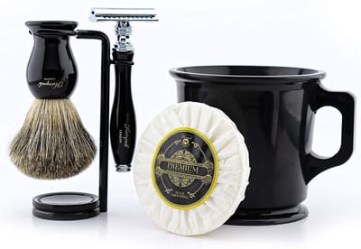 Complete Heren Scheerset – Klassieke 5-Delige Shaving Set met Veiligheidsscheermes, Scheerkwast, Scheerkom, Zeep & Standaard – Cadeauset voor Nat Scheren