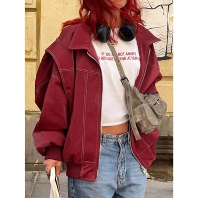 Mode Patchwork Kraag Lange Mouwen Jassen Vintage Rode Rits Leren Jas voor Dames Herfst Winter Dames Casual Bovenkleding M rood