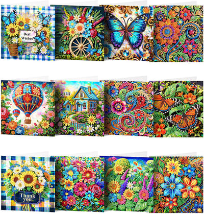 Adorzy Diamond Painting Kaarten – 12 Wenskaarten met envelop - Diamond Painting Volwassenen – Diamond Painting Volledig Pakket