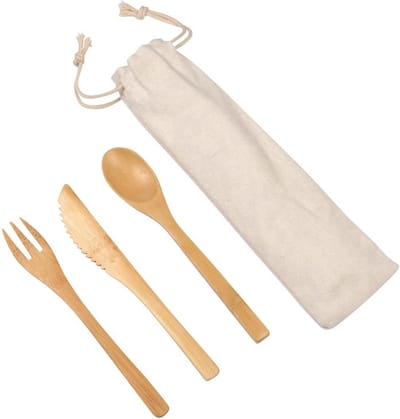 Bamboe Bestekset 3-delig – Herbruikbare Bestekset met Vork, Mes, Lepel en Katoenen Zakje – Camping Bestek voor BBQ, Picknick, Strand en Onderweg – Beige