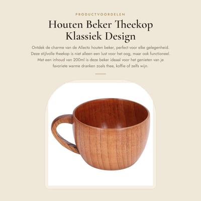Dailygoods- Houten Beker 200ML - Houten Theekop - Wijnmok - Koffiemok - Handvat - Natuurlijke Lakbehandeling