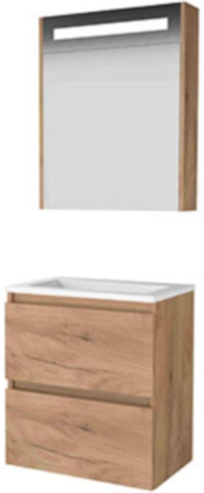 Basic-Line Premium 39 Badkamermeubelset - Ondiep - 60 x 39 cm - Greeploos - 2 Lades - Acryl Wastafel - Zonder Kraangat - Spiegelkast met LED Verlichting - Whisky Oak