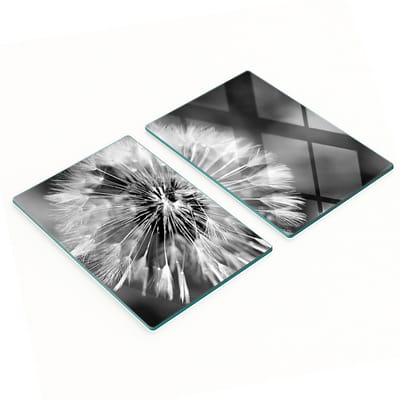 Twee decoratieve snijplanken van gehard glas met paardenbloemmotief, 2x40x52 cm