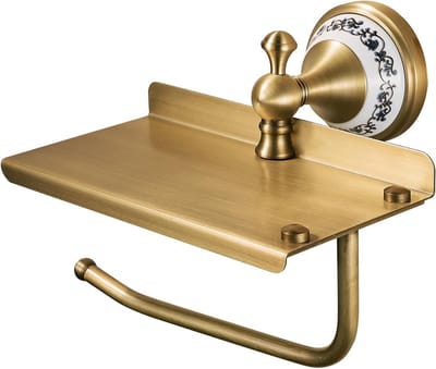 JGS Premium - Toiletpapierhouder met telefoonplank voor badkamer - antiek brons - wandmontage - badkameraccessoires - porseleinen design