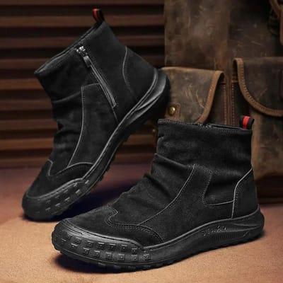 Heren Laarzen Hoge Schacht Werkkleding Schoenen Herfst Nieuw Rits Geplooid Antislip Comfort Dikke Zool Slijtvast Mode Platte Laarzen 44
