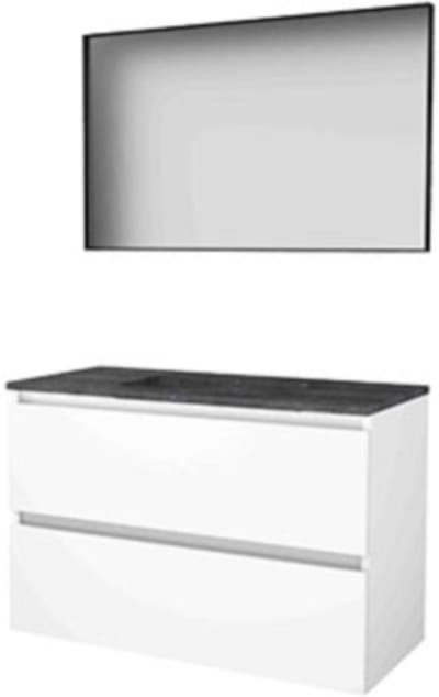 Basic-Line Framed 46 Badkamermeubelset - 100 x 46 cm - Greeploos - 2 Lades - Hardstenen Wastafel - Zonder Kraangat - Spiegel met Zwart Aluminium Frame - Ice White