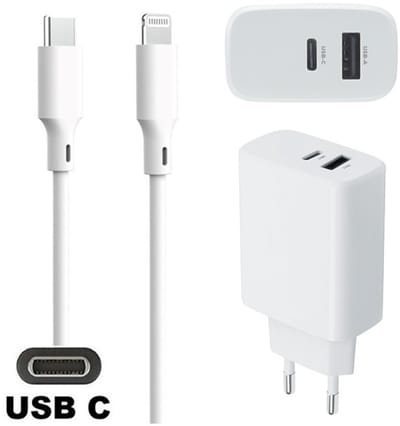 OneOne 25W super snellader met 2 poorten + 1,5m OneOne USB C naar Lightning kabel. PD lader. Oplader adapter past op Apple iPhone SE 2, iPhone 8, iPhone 8 Plus, iPhone 10, iPhone X, iPhone XR, iPhone XS, iPhone XS Max, iPhone 11