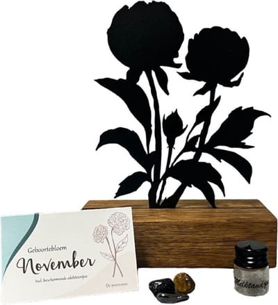 Kraamcadeau jongen meisje - geboortebloem beeld- NOVEMBER - Pioenroos - mét tandendoosje / potje / haarlokpotje en beschermende edelsteentjes - metaal in houten sokkel - baby cadeau - babyshower cadeau