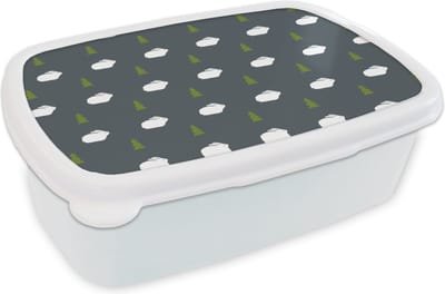 Broodtrommel Wit - Lunchbox - Brooddoos - Bomen - Konijn - Patroon - 18x12x6 cm - Volwassenen