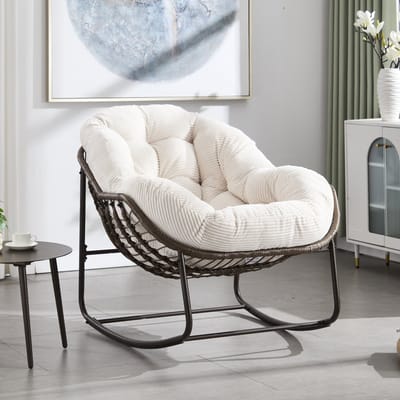 Re-purelife® Rotan schommelstoel voor buiten en woonkamer - wit stalen frame met kussen en rugleuning - handgevlochten - 106*90*78 cm
