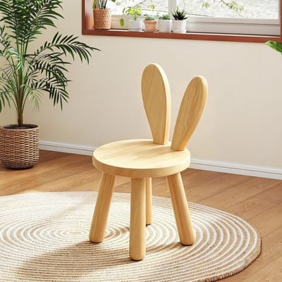 Massief houten kinderstoel met konijnenoren rugleuning, antislip voetjes, ideaal voor kinderen vanaf 3 jaar, 45 x 26 cm