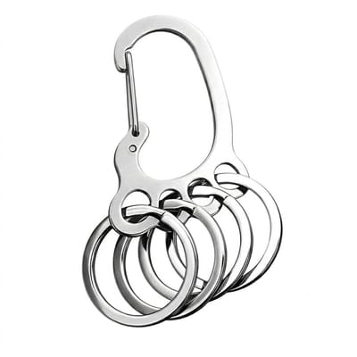 Zilverkleurige metalen sleutelhanger met karabijnhaak en 4 sleutelringen, roestvrij staal sleutel organizer dames en heren, compacte keychain voor sleutels en tas