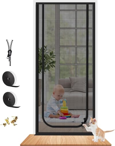 VHV Versterkte kattenhordeur, zachte hordeur met rits, anti-diefstal deur, anti-muggen, geschikt voor woonkamer, keuken, slaapkamer, zwart,70x200cm