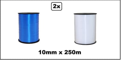 2x Krul lint blauw en wit 10mm x 250meter - folie beschermlaag op elke rol - krul lint thema feest decoratie kado kado gold verjaardag