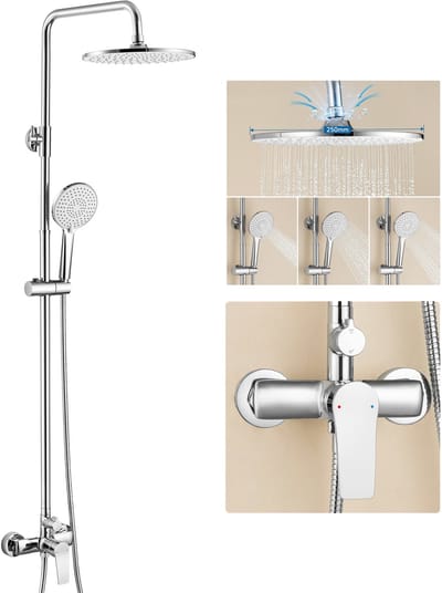Auralum Max Compleet Douchesysteem - Rond Doucheset - Hoofddouche & Handdouche - Met douchekraan - Regendouche - Hoogte Verstelbaar 93-130 cm - Chrome