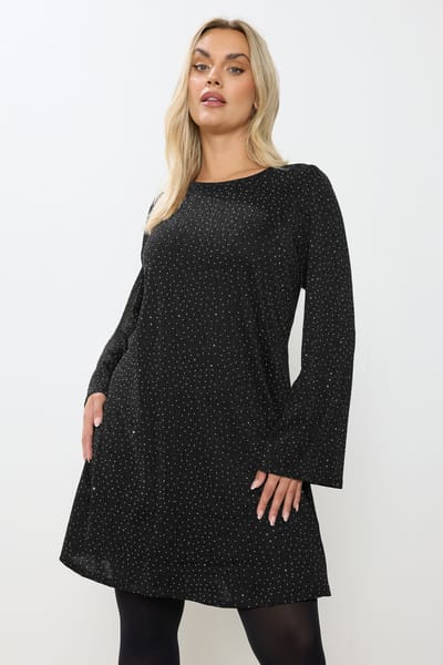 Yours Zwarte Sparkle Flute Sleeve Swing Jurk Size 42